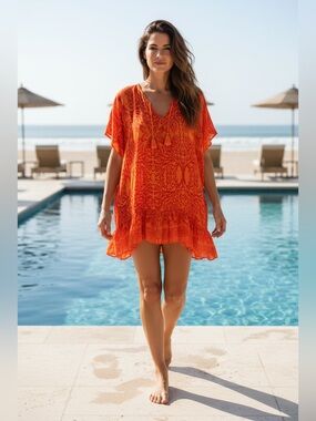 Nvelop Sun Tassel Swim Cover-Up Tunic in Coral Reef Print, Size S/M